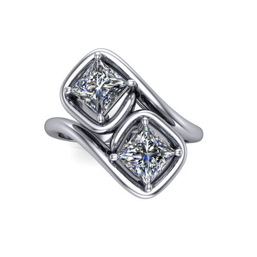 Daniela princess three stone engagement ring in 14K White Gold, top-down view showing two princess cut diamonds set diagonally in a toi et moi arrangement within protective half-bezels