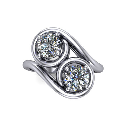Daniela round three stone engagement ring in 18K White Gold, top-down view showing two brilliant round diamonds set diagonally in a toi et moi arrangement within protective half-bezels