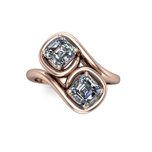Daniela asscher three stone engagement ring in 14K Rose Gold, top-down view showing two asscher cut diamonds set diagonally in a toi et moi arrangement within protective half-bezels