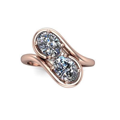 Daniela oval three stone engagement ring in 14K Rose Gold, top-down view showing two oval cut diamonds set diagonally in a toi et moi arrangement within protective half-bezels