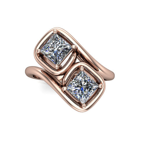 Daniela princess three stone engagement ring in 18K Rose Gold, top-down view showing two princess cut diamonds set diagonally in a toi et moi arrangement within protective half-bezels