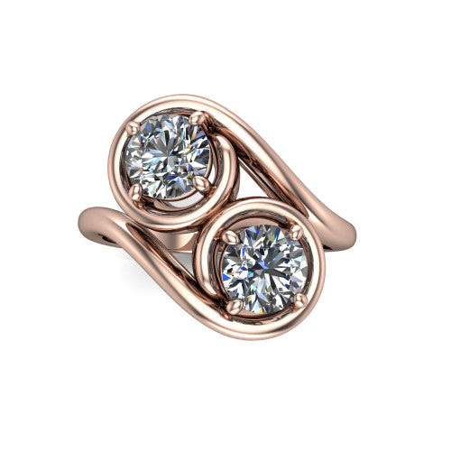 Daniela round three stone engagement ring in 14K Rose Gold, top-down view showing two brilliant round diamonds set diagonally in a toi et moi arrangement within protective half-bezels