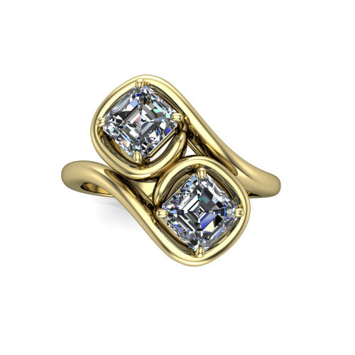 Daniela asscher three stone engagement ring in 18K Yellow Gold, top-down view showing two asscher cut diamonds set diagonally in a toi et moi arrangement within protective half-bezels
