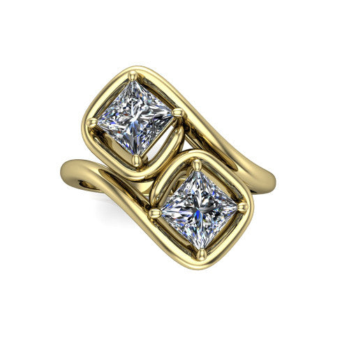Daniela princess three stone engagement ring in 14K Yellow Gold, top-down view showing two princess cut diamonds set diagonally in a toi et moi arrangement within protective half-bezels