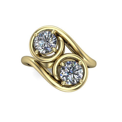Daniela round three stone engagement ring in 18K Yellow Gold, top-down view showing two brilliant round diamonds set diagonally in a toi et moi arrangement within protective half-bezels