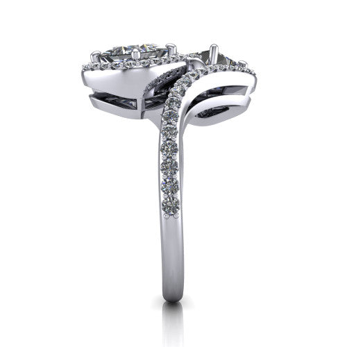 Jane princess three stone engagement ring in Platinum, side profile showing the bypass swirling shoulders and pave diamonds wrapping the top and outer sides of the shank