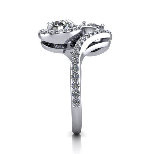 Jane round three stone engagement ring in 14K White Gold, side profile showing the bypass swirling shoulders and pave diamonds wrapping the top and outer sides of the shank