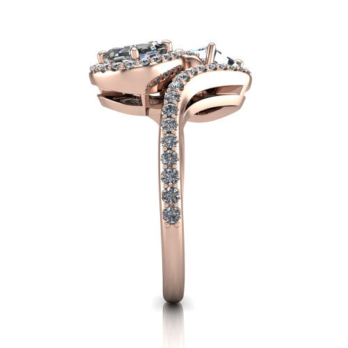 Jane asscher three stone engagement ring in 18K Rose Gold, side profile showing the bypass swirling shoulders and pave diamonds wrapping the top and outer sides of the shank