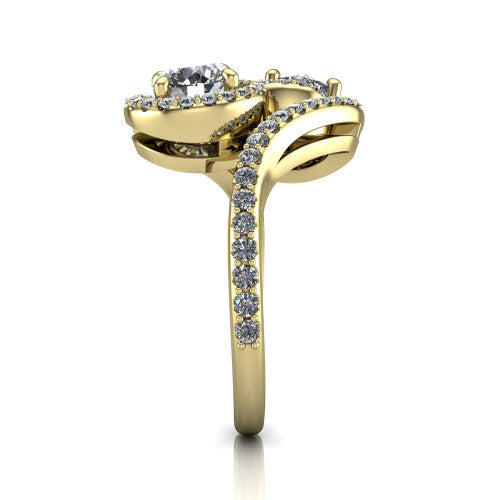 Jane round three stone engagement ring in 18K Yellow Gold, side profile showing the bypass swirling shoulders and pave diamonds wrapping the top and outer sides of the shank