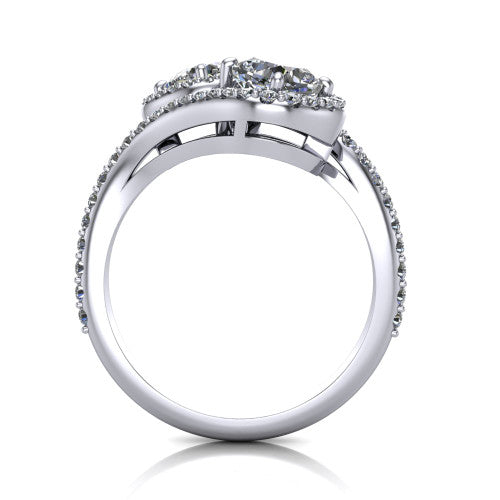 Jane cushion three stone engagement ring in 14K White Gold, through-finger front profile showing the two-stone head, twin square halos, and pave wraparound band