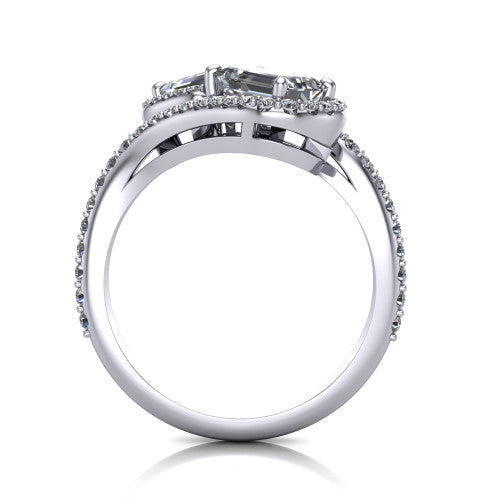 Jane emerald three stone engagement ring in 14K White Gold, through-finger front profile showing the two-stone head, twin square halos, and pave wraparound band
