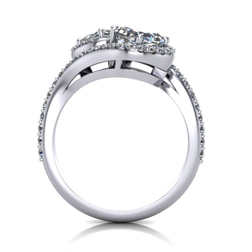 Jane asscher three stone engagement ring in 18K White Gold, through-finger front profile showing the two-stone head, twin square halos, and pave wraparound band