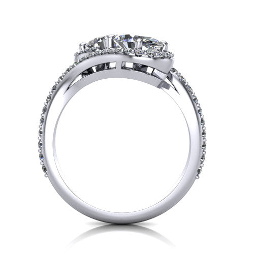 Jane oval three stone engagement ring in 18K White Gold, through-finger front profile showing the two-stone head, twin square halos, and pave wraparound band