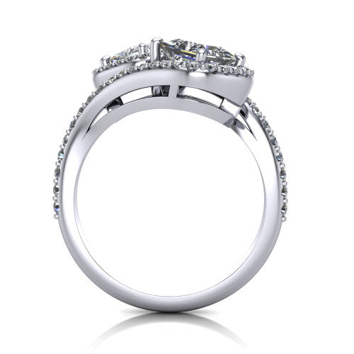 Jane princess three stone engagement ring in 14K White Gold, through-finger front profile showing the two-stone head, twin square halos, and pave wraparound band