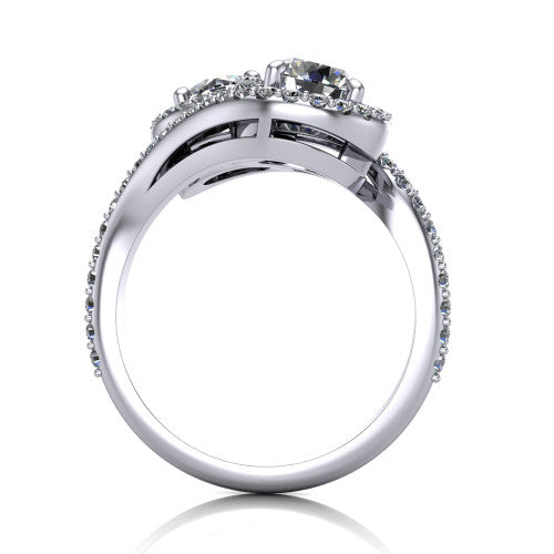 Jane round three stone engagement ring in 18K White Gold, through-finger front profile showing the two-stone head, twin square halos, and pave wraparound band