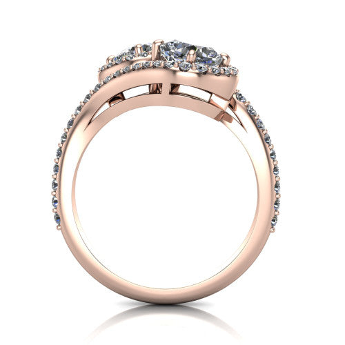 Jane cushion three stone engagement ring in 14K Rose Gold, through-finger front profile showing the two-stone head, twin square halos, and pave wraparound band