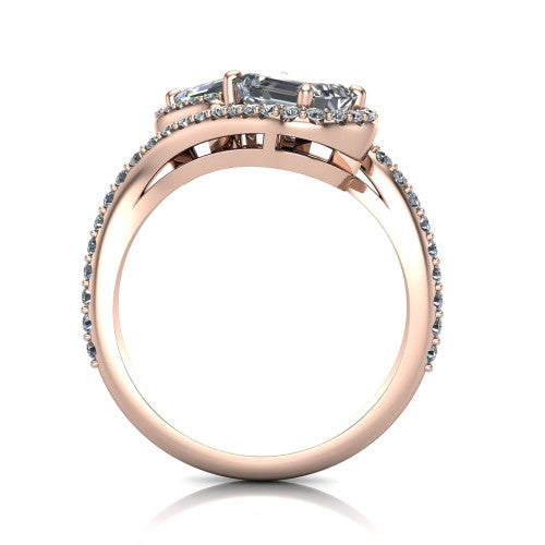 Jane emerald three stone engagement ring in 14K Rose Gold, through-finger front profile showing the two-stone head, twin square halos, and pave wraparound band