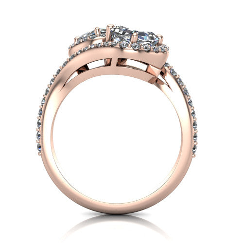 Jane asscher three stone engagement ring in 14K Rose Gold, through-finger front profile showing the two-stone head, twin square halos, and pave wraparound band