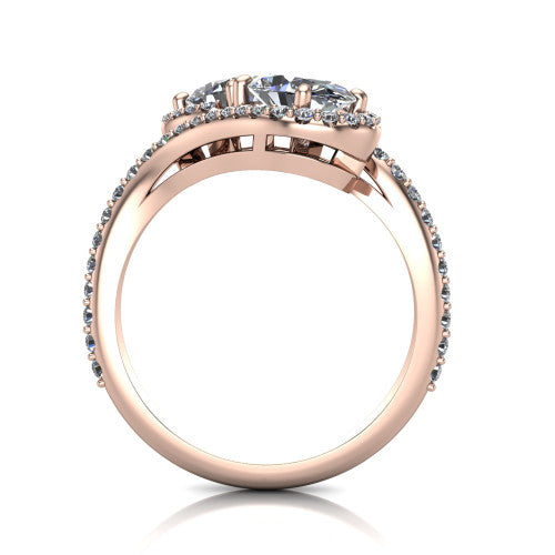 Jane oval three stone engagement ring in 18K Rose Gold, through-finger front profile showing the two-stone head, twin square halos, and pave wraparound band