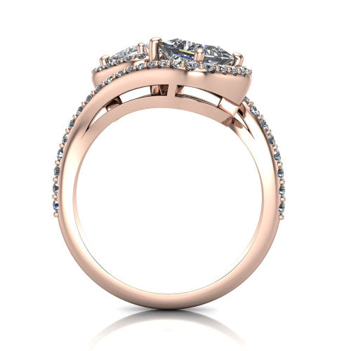 Jane princess three stone engagement ring in 14K Rose Gold, through-finger front profile showing the two-stone head, twin square halos, and pave wraparound band