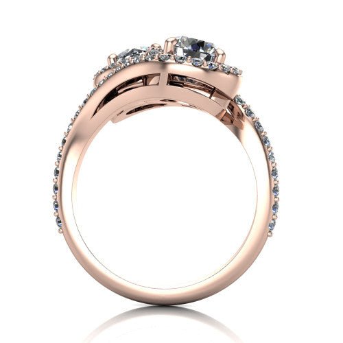 Jane round three stone engagement ring in 18K Rose Gold, through-finger front profile showing the two-stone head, twin square halos, and pave wraparound band