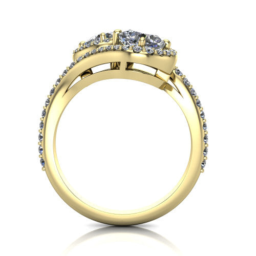 Jane cushion three stone engagement ring in 18K Yellow Gold, through-finger front profile showing the two-stone head, twin square halos, and pave wraparound band