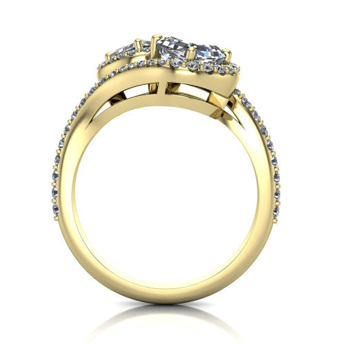 Jane asscher three stone engagement ring in 18K Yellow Gold, through-finger front profile showing the two-stone head, twin square halos, and pave wraparound band