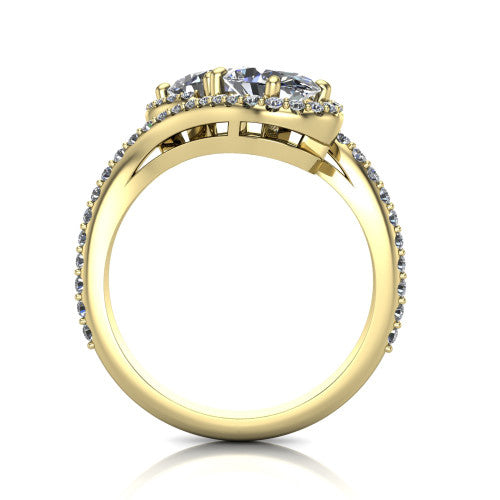 Jane oval three stone engagement ring in 18K Yellow Gold, through-finger front profile showing the two-stone head, twin square halos, and pave wraparound band