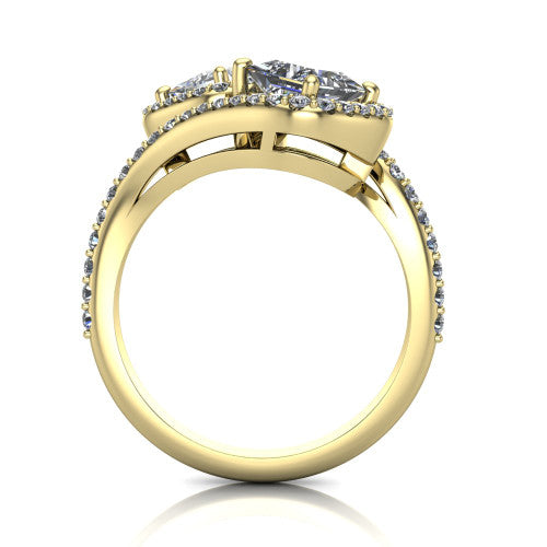 Jane princess three stone engagement ring in 18K Yellow Gold, through-finger front profile showing the two-stone head, twin square halos, and pave wraparound band