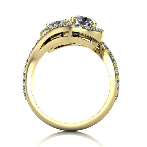 Jane round three stone engagement ring in 18K Yellow Gold, through-finger front profile showing the two-stone head, twin square halos, and pave wraparound band
