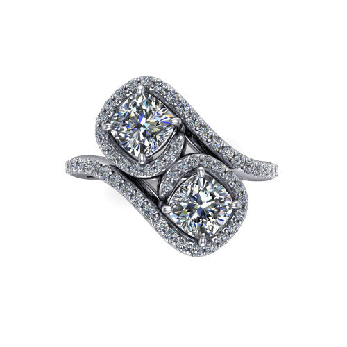 Jane cushion three stone engagement ring in Platinum, top-down view showing two cushion cut diamonds set diagonally in a toi et moi arrangement within twin square pave halos