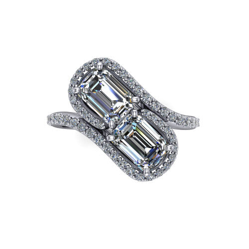 Jane emerald three stone engagement ring in 14K White Gold, top-down view showing two emerald cut diamonds set diagonally in a toi et moi arrangement within twin square pave halos