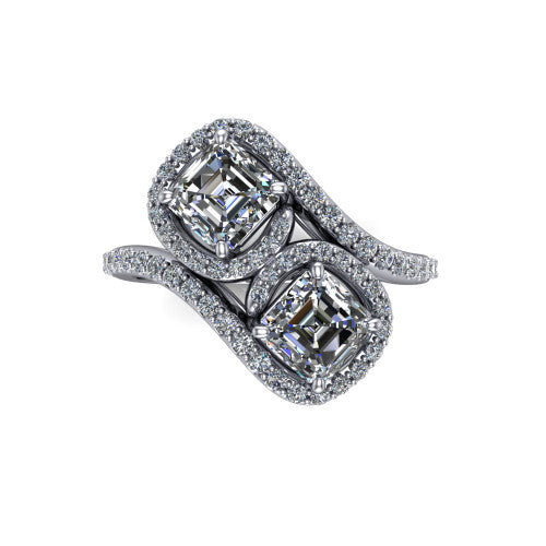 Jane asscher three stone engagement ring in Platinum, top-down view showing two asscher cut diamonds set diagonally in a toi et moi arrangement within twin square pave halos