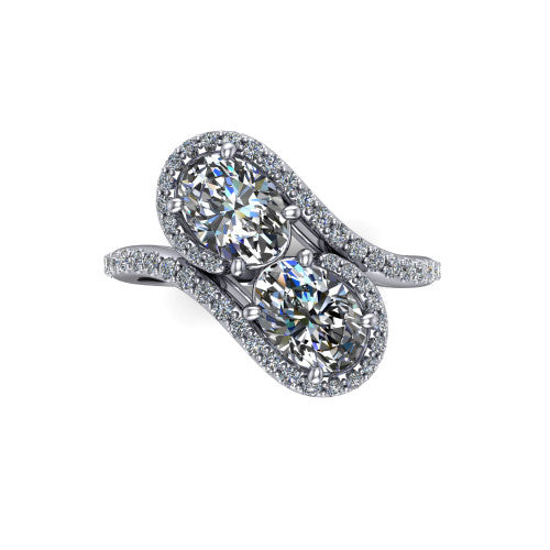 Jane oval three stone engagement ring in Platinum, top-down view showing two oval cut diamonds set diagonally in a toi et moi arrangement within twin square pave halos