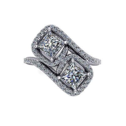 Jane princess three stone engagement ring in 18K White Gold, top-down view showing two princess cut diamonds set diagonally in a toi et moi arrangement within twin square pave halos