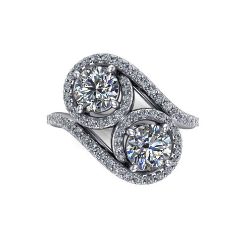 Jane round three stone engagement ring in 14K White Gold, top-down view showing two brilliant round diamonds set diagonally in a toi et moi arrangement within twin square pave halos