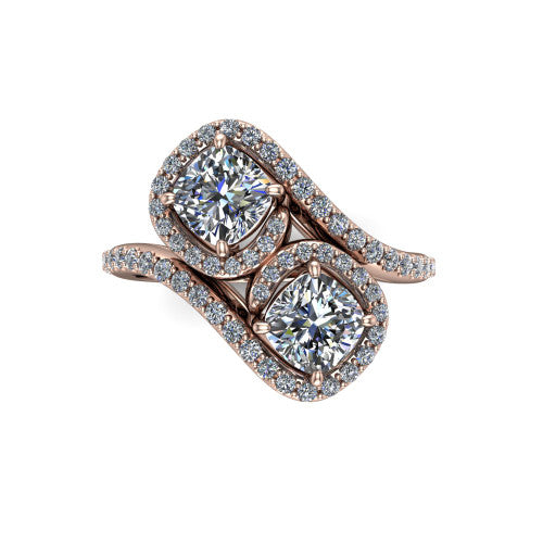 Jane cushion three stone engagement ring in 18K Rose Gold, top-down view showing two cushion cut diamonds set diagonally in a toi et moi arrangement within twin square pave halos