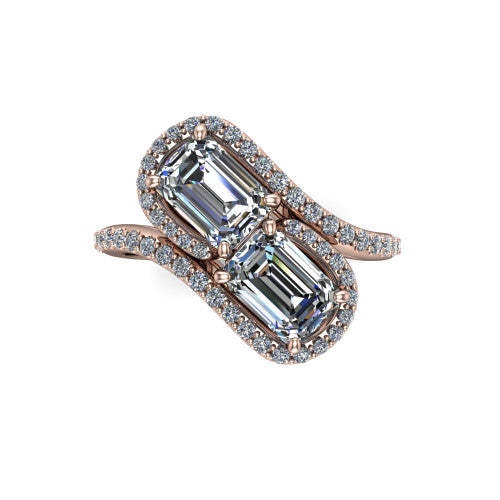 Jane emerald three stone engagement ring in 14K Rose Gold, top-down view showing two emerald cut diamonds set diagonally in a toi et moi arrangement within twin square pave halos