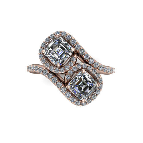 Jane asscher three stone engagement ring in 18K Rose Gold, top-down view showing two asscher cut diamonds set diagonally in a toi et moi arrangement within twin square pave halos