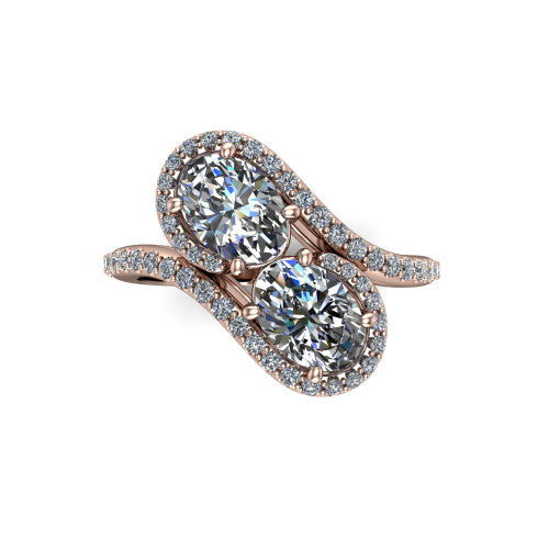 Jane oval three stone engagement ring in 18K Rose Gold, top-down view showing two oval cut diamonds set diagonally in a toi et moi arrangement within twin square pave halos