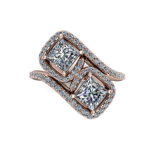 Jane princess three stone engagement ring in 14K Rose Gold, top-down view showing two princess cut diamonds set diagonally in a toi et moi arrangement within twin square pave halos