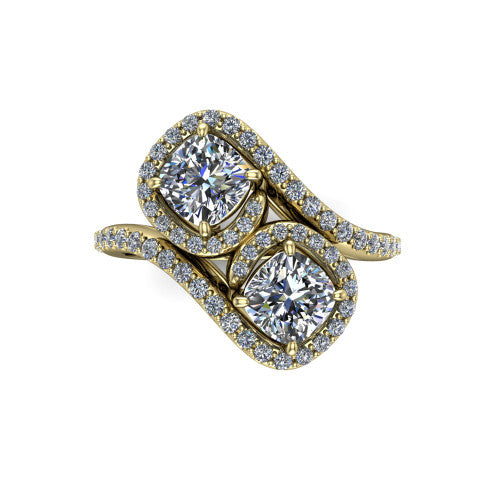 Jane cushion three stone engagement ring in 18K Yellow Gold, top-down view showing two cushion cut diamonds set diagonally in a toi et moi arrangement within twin square pave halos