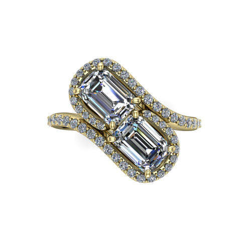 Jane emerald three stone engagement ring in 14K Yellow Gold, top-down view showing two emerald cut diamonds set diagonally in a toi et moi arrangement within twin square pave halos