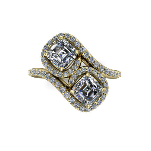 Jane asscher three stone engagement ring in 18K Yellow Gold, top-down view showing two asscher cut diamonds set diagonally in a toi et moi arrangement within twin square pave halos