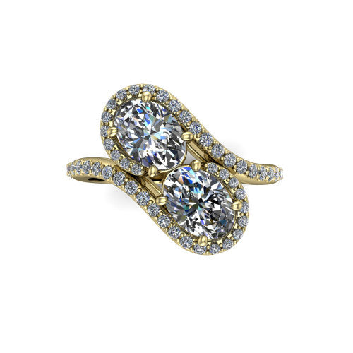 Jane oval three stone engagement ring in 14K Yellow Gold, top-down view showing two oval cut diamonds set diagonally in a toi et moi arrangement within twin square pave halos