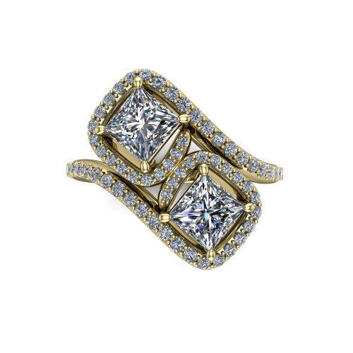 Jane princess three stone engagement ring in 14K Yellow Gold, top-down view showing two princess cut diamonds set diagonally in a toi et moi arrangement within twin square pave halos