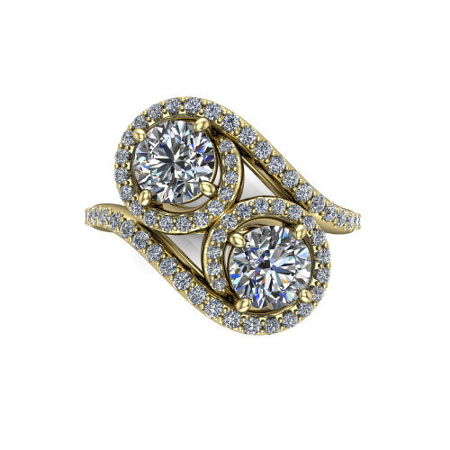 Jane round three stone engagement ring in 18K Yellow Gold, top-down view showing two brilliant round diamonds set diagonally in a toi et moi arrangement within twin square pave halos