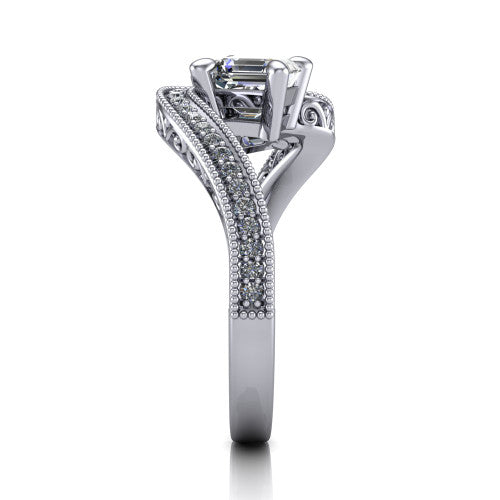 Stevie square emerald three stone engagement ring in 18K White Gold, side profile showing the engraved filigree scrolls, pave diamond center row, and milgrain bead borders along the band