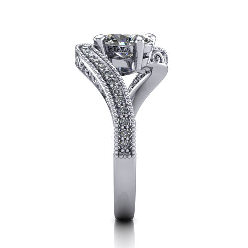 Stevie oval three stone engagement ring in 18K White Gold, side profile showing the engraved filigree scrolls, pave diamond center row, and milgrain bead borders along the band