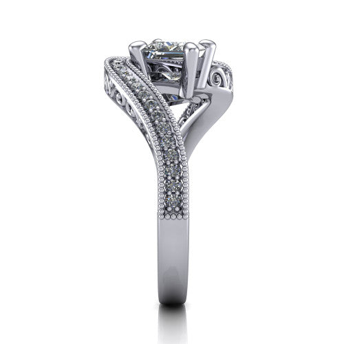 Stevie princess three stone engagement ring in 14K White Gold, side profile showing the engraved filigree scrolls, pave diamond center row, and milgrain bead borders along the band